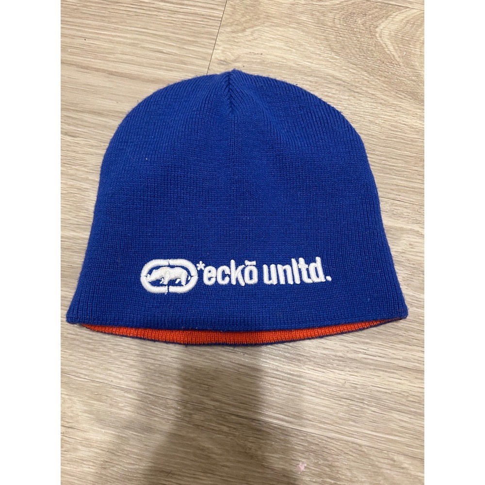 Y2K Ecko Unltd Reversible Beanie Hat‎ Blue Orange Streetwear Logo Winter Hiphop